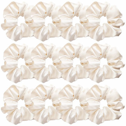 Picture of 12 Pcs Satin Silk Scrunchies, Hair Ties, Hair Bands, Bow Ropes, Elastic Bracelets, Ponytail Holders, Hair Accessories for Women and Girls (4.5 Inch, Pearl White)