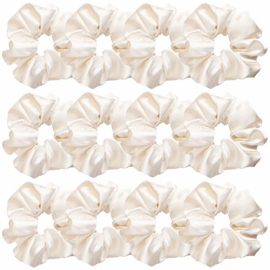 Picture of 12 Pcs Satin Silk Scrunchies, Hair Ties, Hair Bands, Bow Ropes, Elastic Bracelets, Ponytail Holders, Hair Accessories for Women and Girls (4.5 Inch, Pearl White)