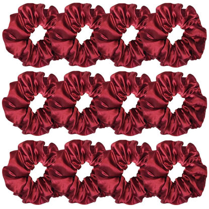 Picture of 12 Pcs Satin Silk Scrunchies Soft Hair Ties Fashion Hair Bands Bow Ropes Elastic Bracelet Ponytail Holders for Women and Girls (4.5 Inch, Wine Red)