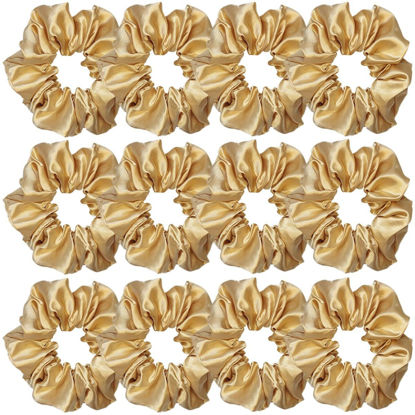 Picture of 12 Pcs Satin Silk Scrunchies and Hair Accessories - Soft Ties, Fashion Bands, Bows, Ropes, Elastic Bracelets, Ponytail Holders for Women and Girls (4.5 Inch, Dark Gold)