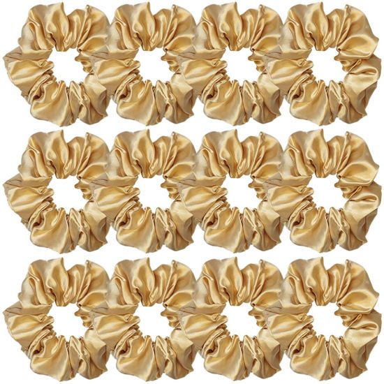 Picture of 12 Pcs Satin Silk Scrunchies and Hair Accessories - Soft Ties, Fashion Bands, Bows, Ropes, Elastic Bracelets, Ponytail Holders for Women and Girls (4.5 Inch, Dark Gold)