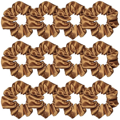 Picture of 12 Pcs Satin Silk Scrunchies, Soft Hair Ties, Fashion Hair Bands, Bow Ropes, Elastic Bracelets, Ponytail Holders, Accessories for Women and Girls (4.5 Inch, Brown)