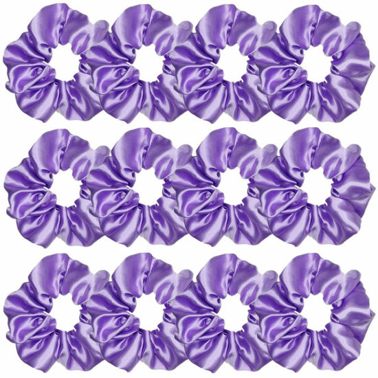 Picture of 12 Pcs Satin Silk Hair Scrunchies Soft Hair Ties Fashion Hair Bands Hair Bow Ropes Hair Elastic Bracelet Ponytail Holders Hair Accessories for Women and Girls (4.5 Inch, Purple)