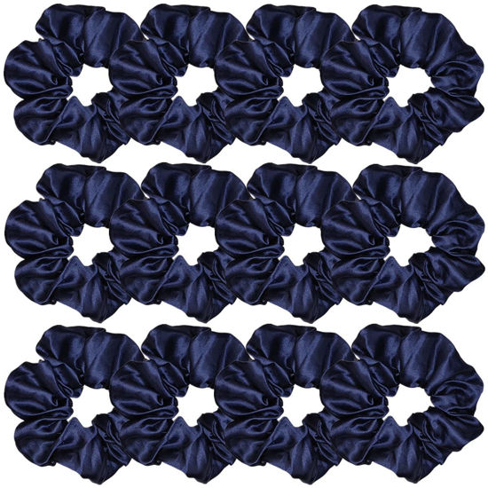 Picture of 12 Pcs Satin Silk Scrunchies Soft Ties Fashion Bands Hair Bows Elastic Bracelet Ponytail Holders for Women and Girls (4.5 Inch, Navy Blue)