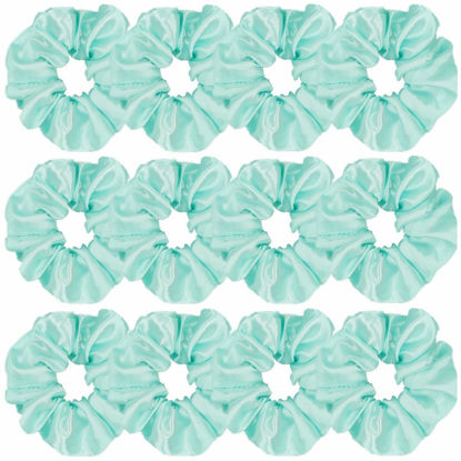 Picture of 12 Pcs Satin Silk Scrunchies Soft Ties Fashion Bands Bow Ropes Elastic Bracelets Ponytail Holders Accessories for Women and Girls (4.5 Inch, Blue Green)