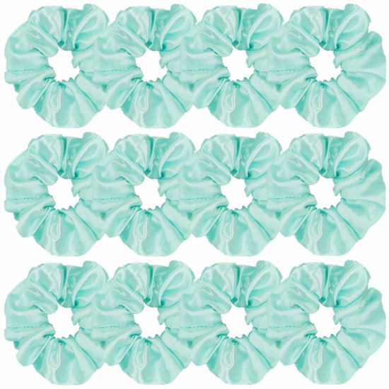 Picture of 12 Pcs Satin Silk Scrunchies Soft Ties Fashion Bands Bow Ropes Elastic Bracelets Ponytail Holders Accessories for Women and Girls (4.5 Inch, Blue Green)