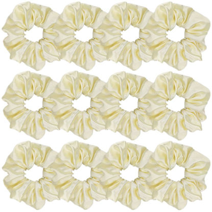 Picture of 12 Pcs Satin Silk Scrunchies Soft Hair Ties Fashion Hair Bands Bow Ropes Elastic Bracelet Ponytail Holders Hair Accessories for Women and Girls (4.5 Inch, Light Yellow)