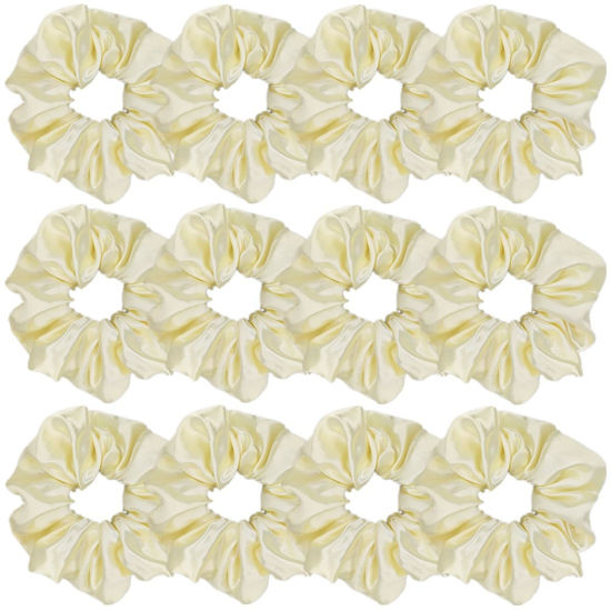 Picture of 12 Pcs Satin Silk Scrunchies Soft Hair Ties Fashion Hair Bands Bow Ropes Elastic Bracelet Ponytail Holders Hair Accessories for Women and Girls (4.5 Inch, Light Yellow)