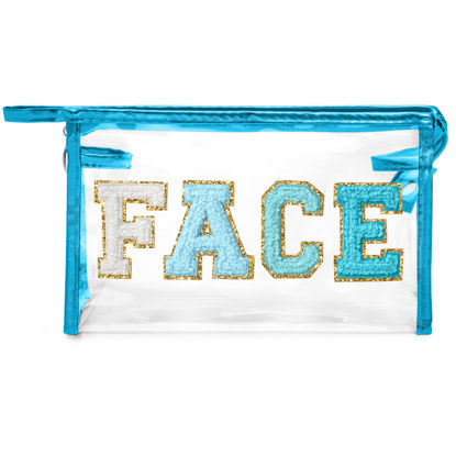 Picture of Y1tvei Clear FACE Makeup Bag - Preppy Blue FACE Chenille Varsity Letter Cosmetic Bag PVC Transparent Zipper Waterproof Beach Swim Makeup Carry Pouch Portable Travel Toiletry Organizer for Women(Blue)