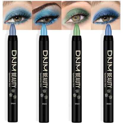 Picture of evpct 4Pcs Cream Blue Eyeshadow Stick Pencil Set for Eyes Waterproof Sky Blue Dazzling Blue Greenish Cyan Royal Blue Shimmer Metallic Holographic Eyeshadow Crayon Stick Bulk sombras en crema para ojos