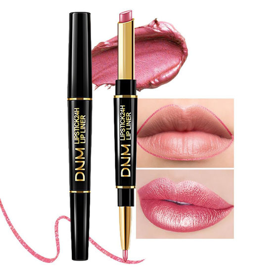 Picture of evpct 1Pcs Natural Pink Metallic Shine Shimmer Lip Liner and Lipstick Combo Set Kit for Women, DNM Lightweight Hydrating Formula High Impact Full Coverage Lipstick and Lip Liner Makeup Gloss, 20#