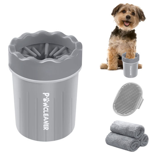 Picture of Comotech Portable Pet Paw Washer and Foot Cleaner with Silicone Brush, 3 Absorbent Towels for Small Dogs (Grey)