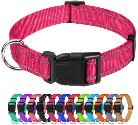 Picture of TagME Reflective Nylon Dog Collars, Adjustable Classic Dog Collar with Quick Release Buckle for Large Dogs, Hot Pink, 1.0" Width