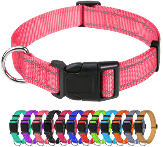 Picture of TagME Reflective Nylon Dog Collars, Adjustable Classic Dog Collar with Quick Release Buckle for Medium Dogs, Baby Pink, 1.0" Width