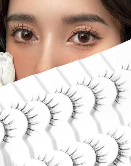 Picture of Manga Lashes Natural Look Wispy Anime Lashes Soft C Curl Manhua False Lashes 7mm Natural Korean Eyelashes 10 mm 3D Thin Band Asian Lashes 7 Pairs S4