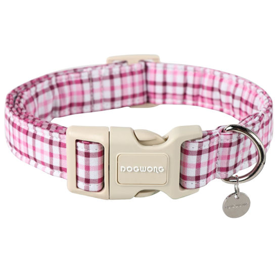 Picture of DOGWONG Cotton Dog Collar, Heavy-Duty Pink Plaid Dog Collar Durable Soft Pet Dog Collar Cute Girl Puppy Necklace for Small Medium Large Dog