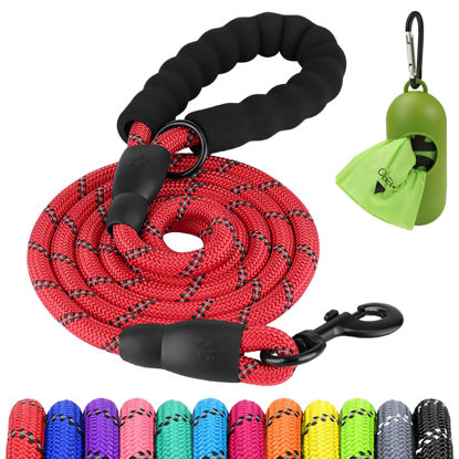 Picture of Joytale 6/5/4 FT Leashes for Small Medium Breed Dogs, Heavy Duty Nylon Braided Rope Dog Leash, Comfortable Padded Handle Strong Leashes with Poop Bags and Dispenser, Red, 6'×3/8''