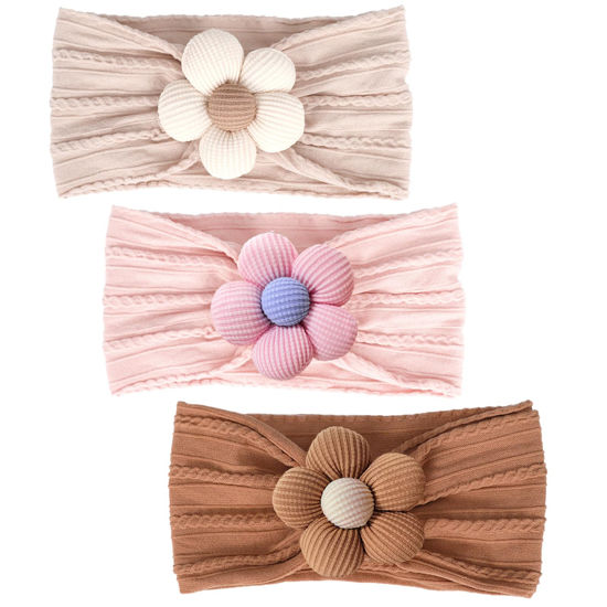 Picture of MIUXUESO 3 Pcs Baby Flower Headbands Baby Girls Nylon Headbands Soft Hairbands Hair Accessories for Newborn Infant Toddler Kids (Beige,Pink,Brown)