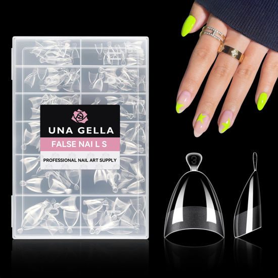 Picture of UNA GELLA Extra Short Almond Nail Tips Half Cover - Soft Gel Short Almond Shape Nail Tips Matte 216pcs Clear Gelly Almond Gel x Tips for Saving Nail Extension DIY Nail Art, Self-handle 12Sizes