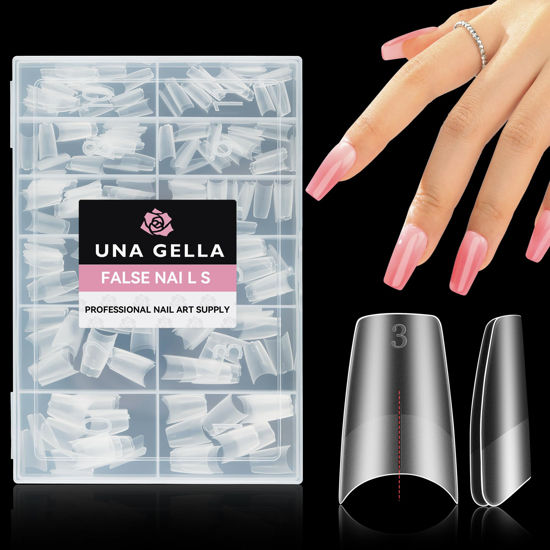 Picture of UNA GELLA Medium Coffin Fake Nails Full Matte Gel Nail Tips Coffin Half Cover 216pcs Clear Gel No C Curve Acrylic False Nail Tips 12 Sizes Easily DIY Salon Nail Extensions for Starter Pro