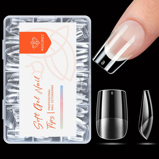 Picture of modelones Short Square Nail Tips, Pre-shaped Full Cover Fake Nails Soft Gel Acrylic Nail Tips Nail Extension False Gel x Nail Kit 216PCS 12Sizes