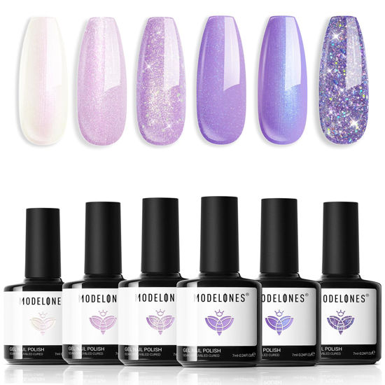 Picture of modelones Purple Glitter Gel Nail Polish Set, 6 Colors Shimmer Violet Mermaid Gel Polish Cat Eye Sparkle gel nail Soak Off Led Nail Gel Polish for Women Girl DIY Nail Art Gift