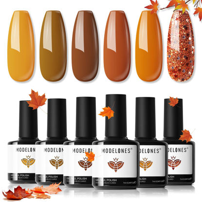 Picture of modelones Fall Gel Nail Polish Set, 6 Colors Orange Yellow Brown Glitter Gel Polish Soak Off Nail Gel Polish Kit Manicure DIY Nail Art Salon Home Gift for Women Girls