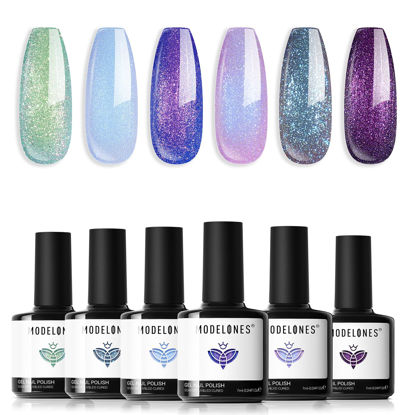 Picture of modelones Chameleon Gel Nail Polish Set- 6 Colors Aurora Shimmer Glitter Gel Polish Kit Blue Green Purple Nail Gel Polish Fall Winter Soak Off LED Nail Lamp Nail Art Gel Kit DIY Salon Gift for Women