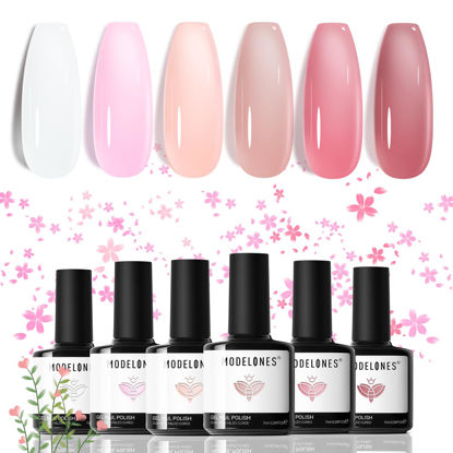 Picture of modelones Gel Nail Polish Set, 6 Colors Jelly Gel Polish White Nude Pink Gel Neutral Nail Art Design Summer Translucent Gel Nail Kits Soak Off LED Nail Lamp Cured Manicure Salon DIY Girl Women Gift