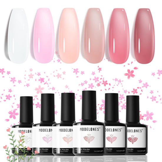 Picture of modelones Gel Nail Polish Set, 6 Colors Jelly Gel Polish White Nude Pink Gel Neutral Nail Art Design Summer Translucent Gel Nail Kits Soak Off LED Nail Lamp Cured Manicure Salon DIY Girl Women Gift