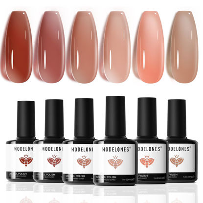 Picture of modelones Jelly Gel Nail Polish, 6 Colors Fall Nude Brown Pink Gel Polish Neutral Gel Nail Art Design Translucent Gel Nail Kits Soak Off LED Nail Lamp Manicure Salon DIY Girls Women Gift