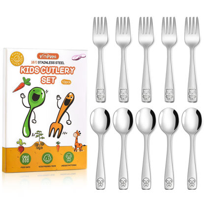 Picture of VITEVER 10-Piece Toddler Utensils, Kids Stainless Steel Silverware Set, Children Safe Forks and Spoons - Mirror Polished, Dishwasher Safe