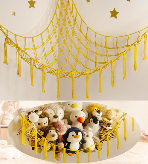 Picture of Stuffed Animal Hammock-Large Stuffed Animal Net For Toys Corner-Hanging Stuff Animal Toy Storage Organizer For Plush Plushie Display Yellow Girl Room Bedroom Boho Nursery Decor Toy Storage