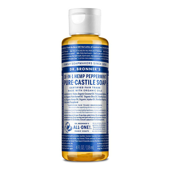 Picture of Dr. Bronner's - Pure-Castile Liquid Soap (Peppermint, 4 ounce) - Made with Organic Oils, 18-in-1 Uses: Face, Body, Hair, Laundry, Pets and Dishes, Concentrated, Vegan, Non-GMO