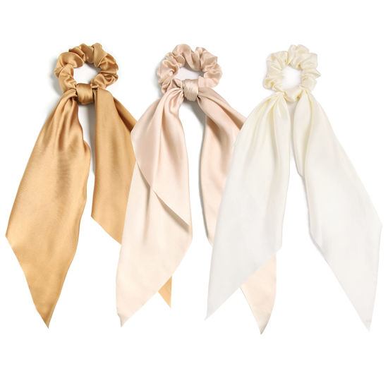 Picture of LFOUVRE 3PCS Hair Scarf Scruncheis for Women Knotted Bow Hair Ties Elastic Bands Satin Hair Ribbon Scrunchy Red Ponytail Holder for Women and Girls (Camel Apricot Ivory)