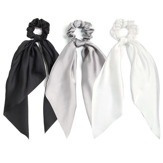 Picture of 3PCS Hair Scarf Scruncheis for Women Knotted Bow Hair Ties Elastic Bands Satin Hair Ribbon Scrunchy Red Ponytail Holder for Women and Girls (Black White Gray)