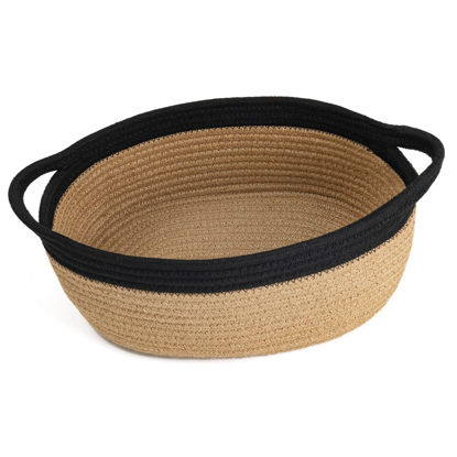 Picture of Goodpick Small Woven Basket, Decorative Basket for Home DéCor, Small Woven Basket with Handles for Gifts, Dog Toy Bin, Storage Basket for Bathroom, Living Room, 12"x 8" x 5", Jute and Black