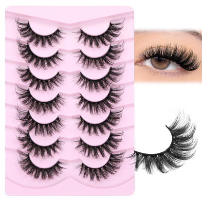 Picture of JIMIRE Mink Lashes Fluffy False Eyelashes Volume 6D Cat Eye Lashes 17mm D Curl Strip Lashes Look Like Extensions Fox Eye Fake Lashes 7 Pairs Pack