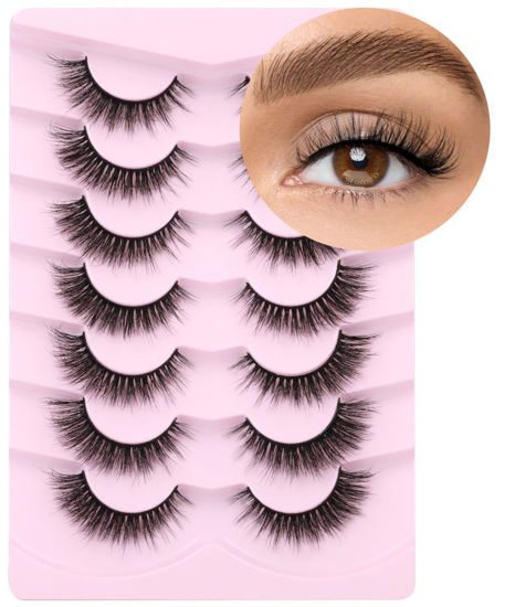 Picture of Lashes Natural Look Faux Mink Lashes Fluffy Wispy Eyelashes Short Natural False Lashes Cat Eye 6D Volume Strip Lashes Pack 7 Pairs