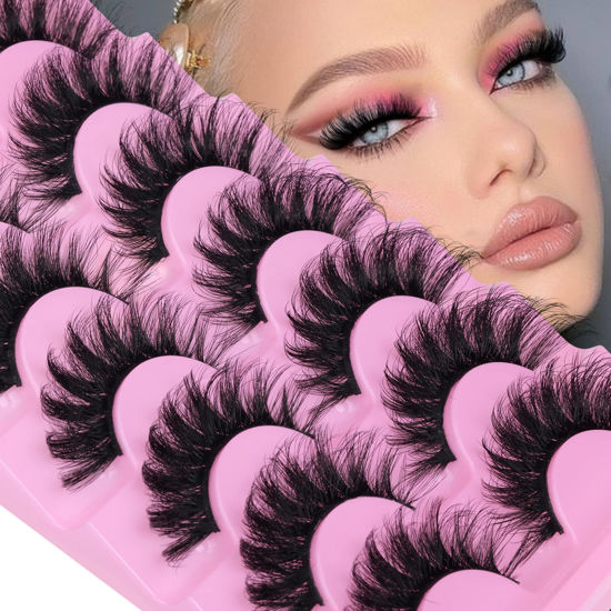 Picture of JIMIRE Faux Mink Lashes Fluffy Volume False Eyelashes Pack Dramatic Natural Look Wispy Cat Eye 18MM Fake Lashes 7 Pairs