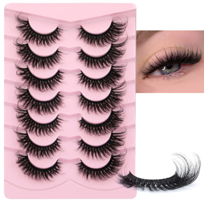 Picture of JIMIRE Mink Lashes Fluffy Cat Eye Natural False Eyelashes Volume Wispy Faux Mink Lashes Fox Eye Crossed 16MM Fake Lashes Look Like Eyelash Extensions Pestañas 7 Pairs Pack