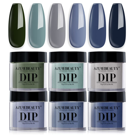 Picture of AZUREBEAUTY Dip Powder Nail Set Blue Sage Green Grey Shades, Fall Winter 6 Dark Colors Dipping Powder Starter Kit French Nail Art Manicure DIY Salon for Women, No Need Nail Lamp Cured