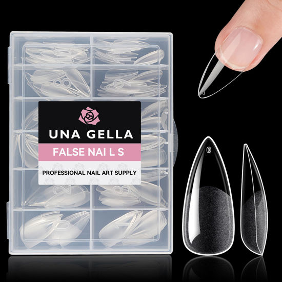 Picture of UNA GELLA Medium Stiletto Nail Tips Full Cover 216Pcs Stiletto Press On Nails Pre etched Stiletto Soft Gel X Nails Clear Fake False Nails For Nail Extensions Home Nail Art Salon 12 Sizes