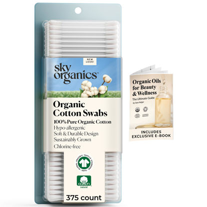 Picture of Sky Organics Organic Cotton Swabs for Sensitive Skin, 100% Pure GOTS Certified Organic for Beauty & Personal Care, 375 ct