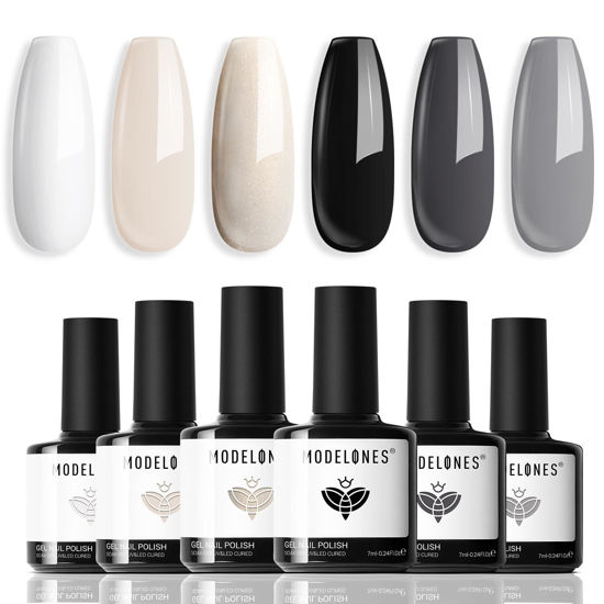 Picture of modelones White Black Gel Nail Polish Set - 6 Colors Black Milky White Neutral Nude Grey Glitter Spring Gel Nail Polish Kit Soak Off Nail Lamp Gel Kit Gel Nail Art Vday Gift for Women