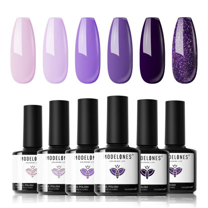 Picture of modelones Gel Nail Polish Set - Purple 6 Colors Gel Polish Set Purple Glitter Nail Polish Soak Off 2024 Summer LED Nail Art Manicure Holiday Grape Purple Gel Nail Kit Gifts for Women DIY Home Salon