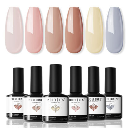 Picture of modelones Nude Gel Nail Polish Set - 6 Colors Neutral Skin Tone Gel Polish Soak Off Pale Pink Nail Polish Gel Peach Brown Gray Blue Gel Nail Kit All Seasons Nail Art Manicure Gifts DIY Home