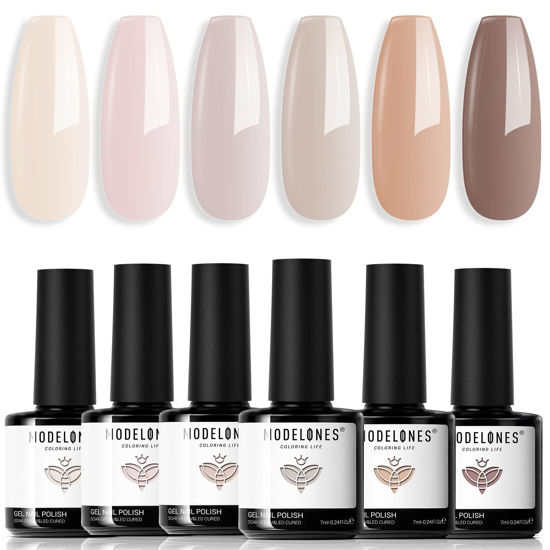 Picture of modelones Nude Gel Nail Polish Set 6 Colors, Nuetral Skin Tones Beige Taupe Ivory White Pastel Pink Grey Light Brown for All Seasons, Soak Off Manicure Kit Nail Art Design Salon at Home Gift