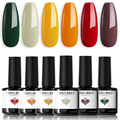 Picture of modelones Gel Nail Polish Set, 6 Colors Dark Green Red Winter Gel Polish Kit Yellow Orange Emerald Maple Leaf Soak Off Nail Art Manicure DIY at Home Salon Holiday Gifts