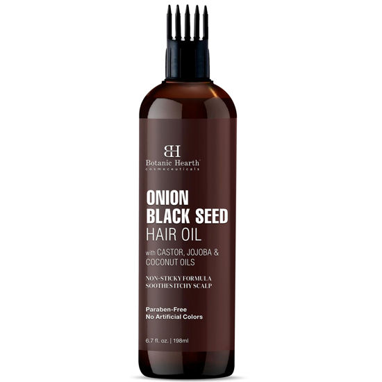 Picture of Botanic Hearth Onion Black Seed Hair Oil | Soothes Itchy Scalp, Strenghthens Hair | With Castor, Jojoba & Coconut Oils | Hair Fall & Hair Loss Control | With Comb Applicator | 6.7 fl oz